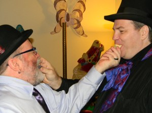 Feeding each other at the wedding.