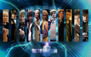 Images of each actor who has played the doctor, over the current show's logo.
