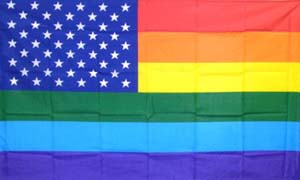 Rainbow flag with a blue field and stars in the corner.