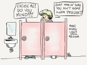 Woman looking into another stall in a bathroom, just in case.