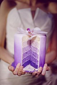 A cut-away of a fancy cake with violet and purple layers.