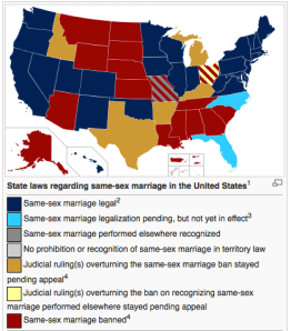 Snapshot of Wikipedia's Marriage Equality map as of Thursday (http://en.wikipedia.org/wiki/Same-sex_marriage_in_the_United_States)