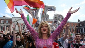 Panti Bliss celebrates with supporters of same-sex marriage at Dublin Castle. (Paul Faith/AFP/Getty Images) 