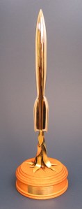 The 2004 Hugo Award Trophy (given out at Noreascon 4, the fourth Worldcon held in Boston), base designed by Scott Lefton.