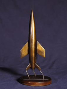 The Hugo trophy handed out at the 15th World Science Fiction Convention held in London, England in September of 1957. 
