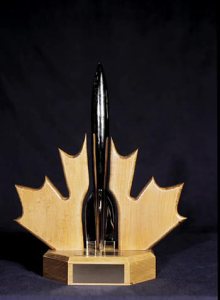 The 2003 Hugo Trophies, presented at TorCon 3, the 61st annual World Science Fiction Convention held that year in Toronto, Canada. Trophy designed by Franklyn Johnson. (Click to embiggen)