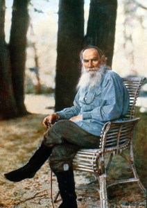 A portrait photograph of Tolstoy taken in 1908 by  Sergei Prokudin-Gorsky, who had invented one of the early methods of color photography.