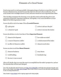Checklist of essential elements of a scene from jamigold.com/for-writers/worksheets-for-writers/