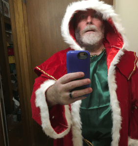 Me trying the costume before the Halloween Party. For Christmas I had a black belt and wore my round gold-rimmed glasses.