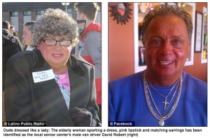 The elderly woman sporting a dress, pink lipstick and matching earrings (left) has been identified as the local senior center's middle-aged male van driver David Robert