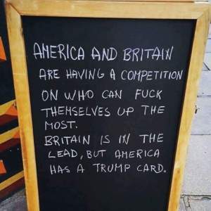 "America and Britain are having a competition on who can f*ck themselves up the most. Britain is in the lead, but America has a Trump card."