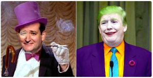 Ted Cruz as Penguin, Donald Trump as the Joker.