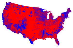 When the Grist published this in 2014, they captioned it: “Obama famously denied that there’s a red America and blue America, but it turns out he was wrong. There’s red America, a sparsely populated but vast landscape of rural and suburban areas, and there’s blue America, the “urban archipelago” upon which the left’s constituencies — single women, minorities, cosmopolitans — cluster.”  (Original image source: 2012 election results, by county, Mark Newman, University of Michigan)