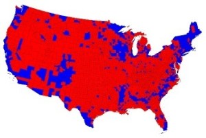 How the 2012 election went by county (source: Mark Newman / University of Michigan). It looks as if Romney should have run, until you realize that more the 60 percent of the population of the entire country lives in those tiny blue area.