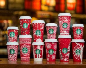 Here, in a picture I swiped for the Starbucks corporate website, are this year's actual holiday cups, which all look very Christmasy to me!