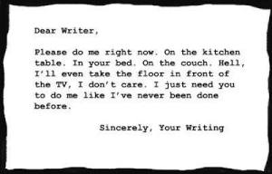 “Dear Writer, Please do me right now. On the kitchen table. In your bed. On the couch. Hell, I'll even take the floor in front of the TV. I don't care. I just need you to do me like I've never been done before. Sincerely, Your Writing”