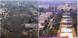 On the left, the crowd that came to celebrate the beginning of the Obama administration, on the right the crowd that came to the pre-inaugruation concert this year.