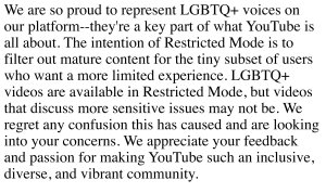 YouTube's completely BS explanation for why they're restricting videos that just happen to be made my Queer people. (Click to embiggen)