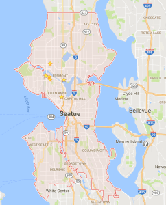 I slapped some stars on this google maps screen shot image to show approximately where I've lived in the nearly 32 years in Seattle. Click to embiggen