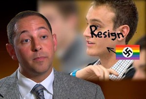 Andrew Shirvell (left), with a defaced image of gay college student Chris Armstrong that Shirvell posted on his blog in 2010. ( photo © LGBTQ Nation)