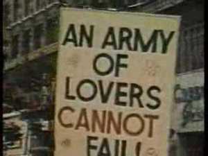 Protest sign from a photo of an early Pride march: “An army of lovers cannot fail.”