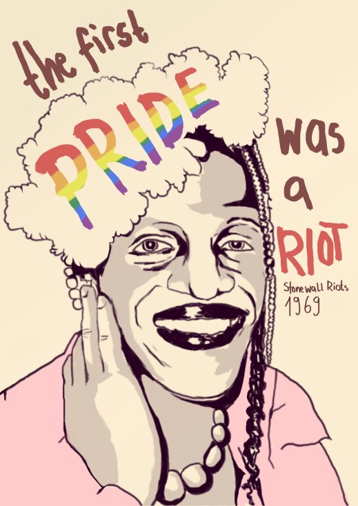 “The first PRIDE was a riot.” And a mice caricature of Marsha P. Johnson, the street queen often credited with throwing the first brick at Stonewall. (Click to embiggen)