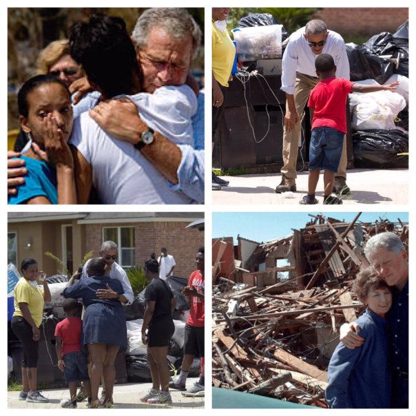 Presidents Bush, Obama, and Clinton all showing the proper way to respond to a natural disaster...