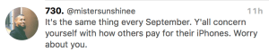 It's the same thing every September. Y'all concern yourself with how other people pay for their iPhones. Worry about you.