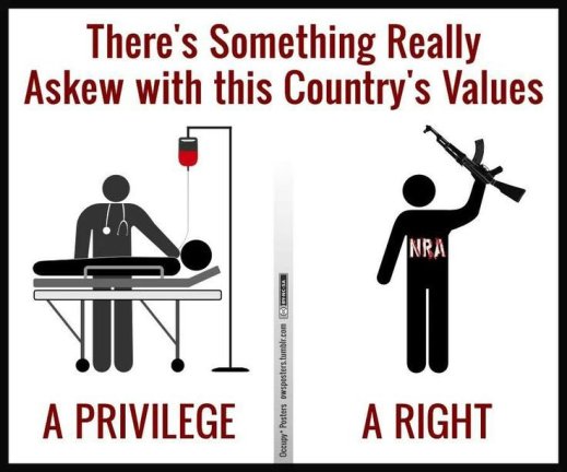 “There's something really askew with this country's values. Health Care is considered a privilege; owning more mass murder weapons that serve no non-murderous function is considered a right.”