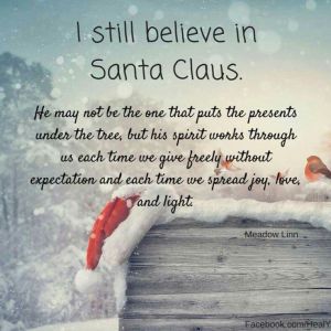 “I still believe in Santa Claus. he may not be the one that puts presents under the tree, but his spirit works through us each time we give freely without expectation and each time we spread joy, love, and light.”—Meadow Linn