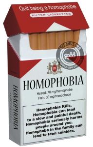 “Homophobia Kills. Homophobia can lead to a slow and painful death. Homophobia seriously harms people around you. Homophobia in the familiy can lead to teen suicides.”