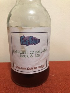 During the weeks we were shuttling car loads of stuff from the old place to the new, I poured the last bits of a couple of bottles of bourbon into jars with a sliced orange, lemon, a couple of vanilla beans, and various spices to infuse for a few weeks to make a batch of Rock n Rye. After filtering and decanting, I made this label when we set out the libations at the Christmas party.