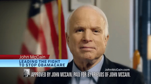 This was a John McCain campaign ad, approved by him, run by his campaign. Many times. Do not call him the savior of the Affordable Care Act.