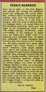 This is former Marvel Comics editor Stan Lee addressing racism in a 1968 edition of Stan's Soapbox (a feature that was printed on the letters page of most of the Marvel comic books at the time) after the assassinations of Robert F. Kennedy and Martin Luther King, Jr.