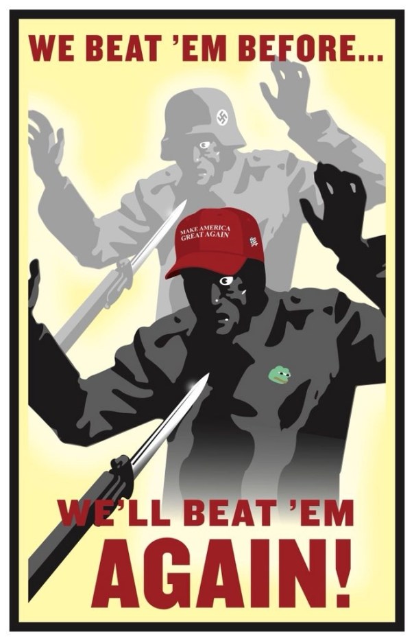 Two images, one, a soldier in a Nazi uniform holding up his hands in surrendeder while a gun with a bayonet is pointed at him. The other, a man in a MAGA hat also holding his hands in surrender because of a bayoneted rifle. “We beat 'em before. We'll beat 'em again!”