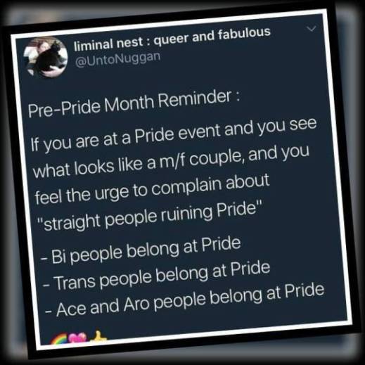 Pre-Pride Month Reminder :  If you are at a Pride event and you see what looks like a m/f couple, and you feel the urge to complain about "straight people ruining Pride"  - Bi people belong at Pride - Trans people belong at Pride - Ace and Aro people belong at Pride