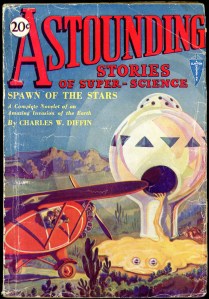 The February, 1930 cover of Astounding Stories of Super-Scinece, cover art by  H. W. Wesso. In 1930 the magazine's editor was Harry Bates.