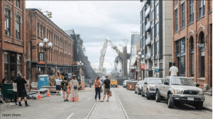 This is not a movie. Photographer Jasper Reyes took the picture of part of the demolition of the Alaska Way Viaduct here in Seattle.