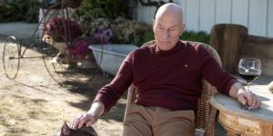 Patrick Stewart as retired Admiral Jean-Luc Picard, pensively petting his dog while his other hand rests on the stem of a wine glass.