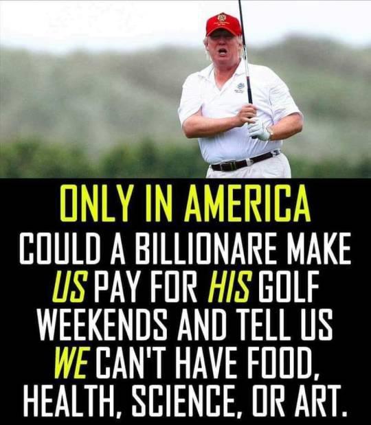 “Only in America could a billionaire make US pay for HIS golf weekends and tell us WE can't have food, health, science, or art.”