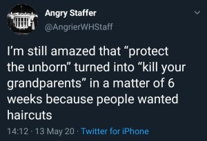 “I'm still amazed that 'protect the unborn' turned into 'kill your grandparents' in a matter of 6 weeks because people wanted a haircut.”