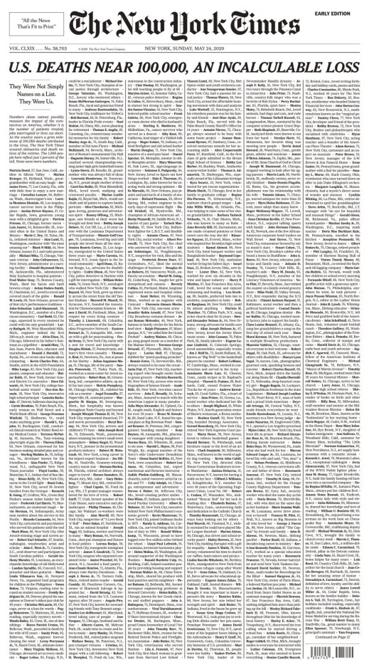 The New York Times has gathered 100 obituaries of people who have died from Covid-19 as an attempt to wrestle with the magnitude of 100,000 Americans dead.