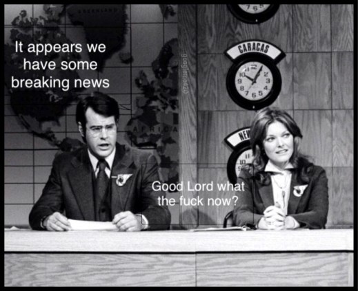 “It appears we have some breaking news.” “Good lord, what the fuck now?”