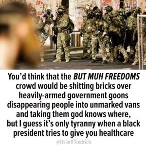 “You'd think that the BUT MUH FREEDOMS crowd would be shitting bricks over heavily-armed government goos disappearing people into unmarked vans and them them god knows where, I guess it's only tyranny when a black president tries to give you healthcare.”