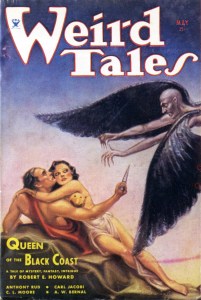 Cover for the May 1934 issue of Weird Tales. Cover story: "Queen of the Black Coast" by Robert E. Howard. Cover art by Margaret Brundage. The male character is Conan the Barbarian. Brundage was the first artist to draw Conan, and continued to do so as more storied appeared in Weird Tales, earning her the nickname much later, “The Frank Frazetta of the '30s and '40s.”