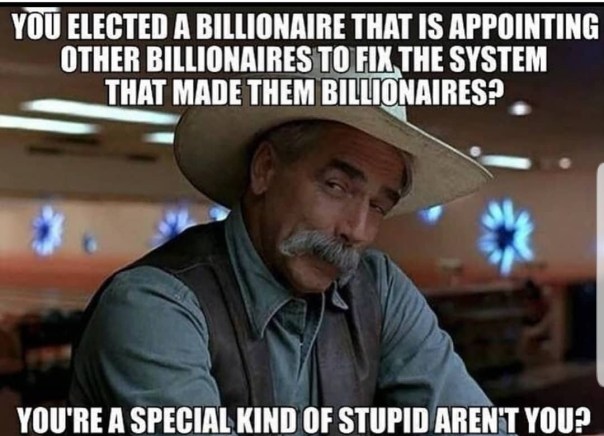 “You elected a billionaire that appointed other billianaires to fix the system that made them billionaires? You're a special kind of stupid, aren't you?”