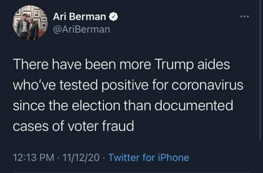 “There have been more Trump aides who have tested positive for coronavirus since the election than documented cases of voter fraud.”