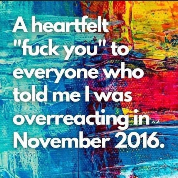 “A heartfelt 'fuck you' to everyone who told me I was overreactin in November 2016.”