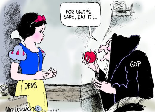 Witch offering the poisoned apple to Snow White: “For unity's sake, eat it!”